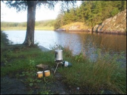 Morning coffee at the mouth of the river to Mallard Lake